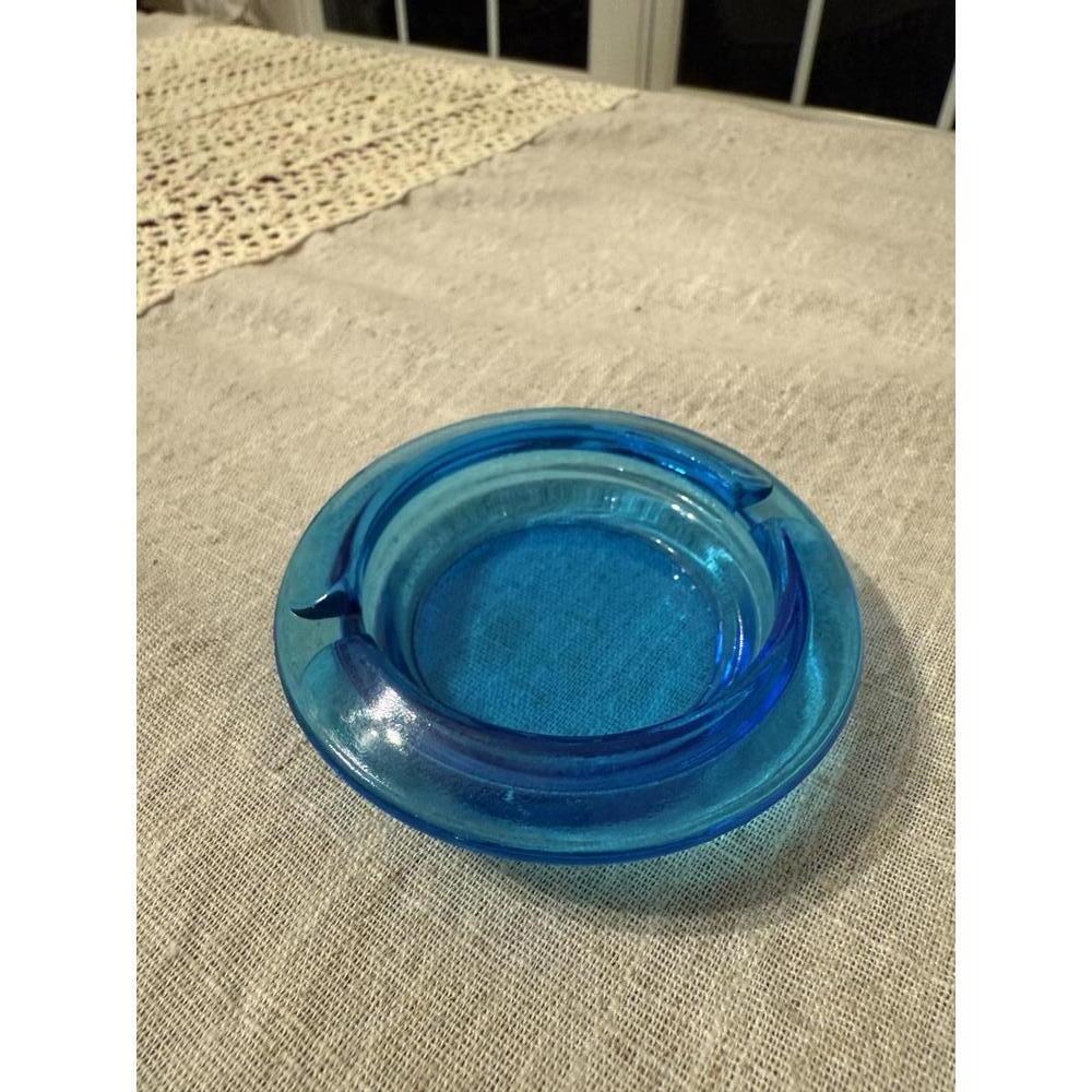 Vintage MCM Blue Glass Ashtray 3.5”